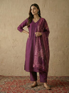 Janasya Wine Straight Silk Blend Kurta,Bottom & Dupatta | Grocsy