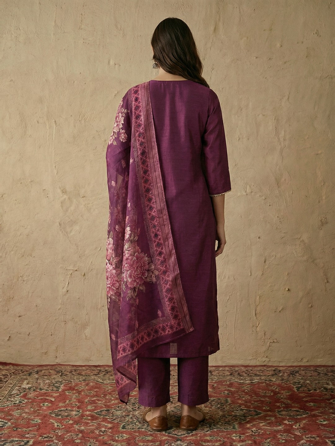 Janasya Wine Straight Silk Blend Kurta,Bottom & Dupatta | Grocsy