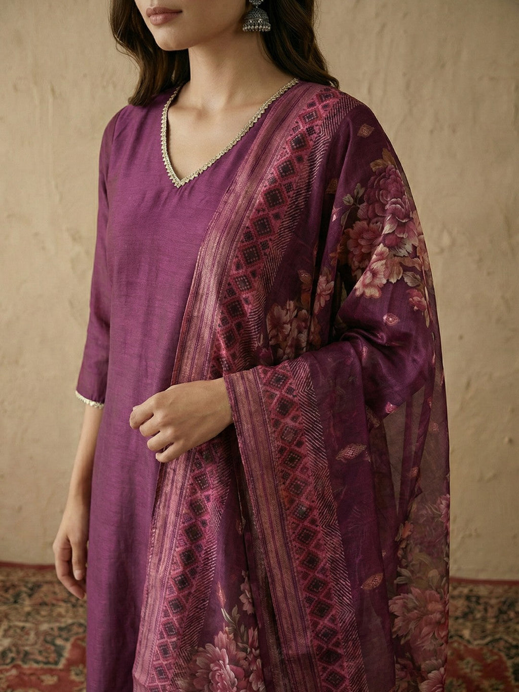 Janasya Wine Straight Silk Blend Kurta,Bottom & Dupatta | Grocsy