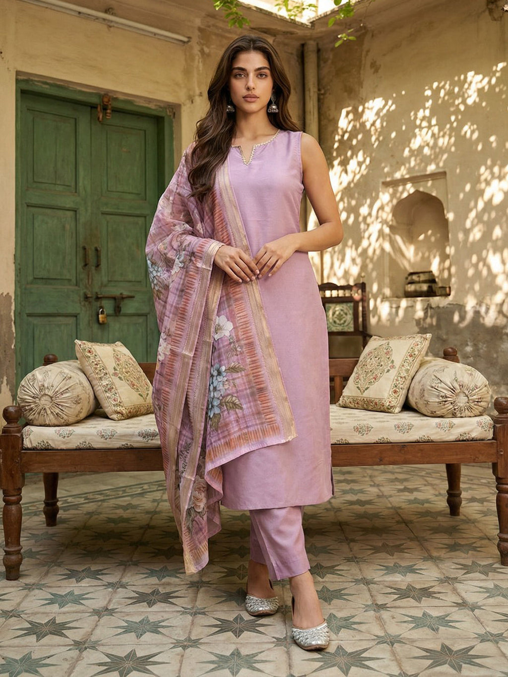 Janasya Lavender Straight Silk Blend Kurta,Bottom & Dupatta | Grocsy