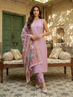 Janasya Lavender Straight Silk Blend Kurta,Bottom & Dupatta | Grocsy
