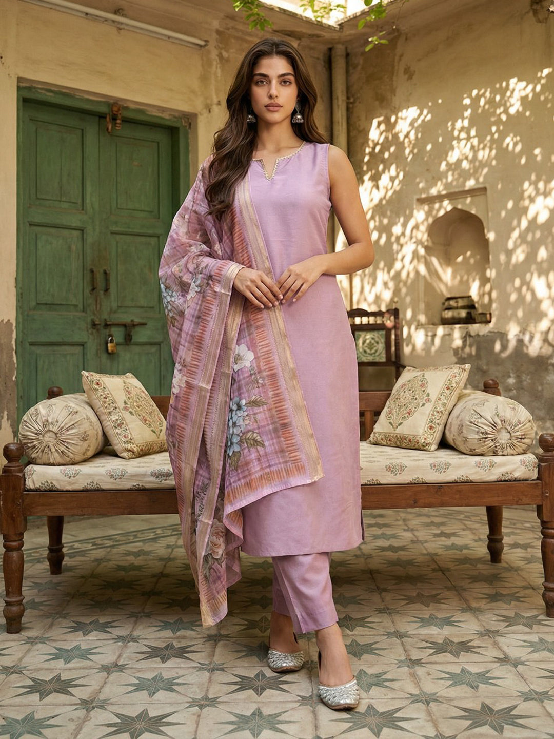 Janasya Lavender Straight Silk Blend Kurta,Bottom & Dupatta | Grocsy