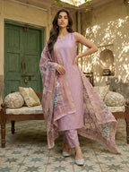 Janasya Lavender Straight Silk Blend Kurta,Bottom & Dupatta | Grocsy