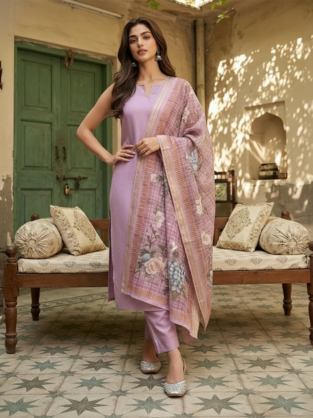 Janasya Lavender Straight Silk Blend Kurta,Bottom & Dupatta | Grocsy