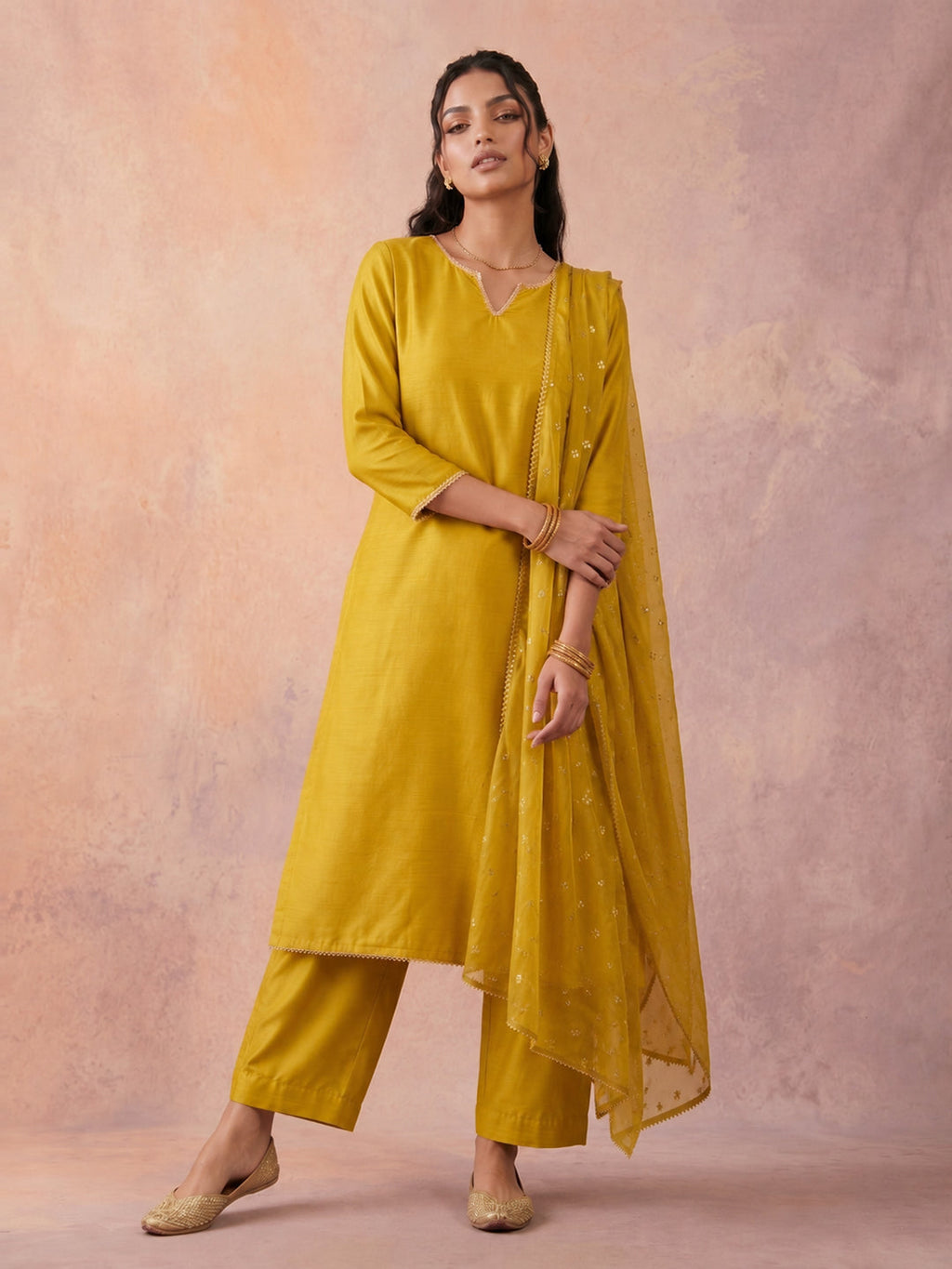 Janasya Lime Yellow Straight Silk Blend Kurta,Bottom & Dupatta | Grocsy