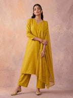 Janasya Lime Yellow Straight Silk Blend Kurta,Bottom & Dupatta | Grocsy