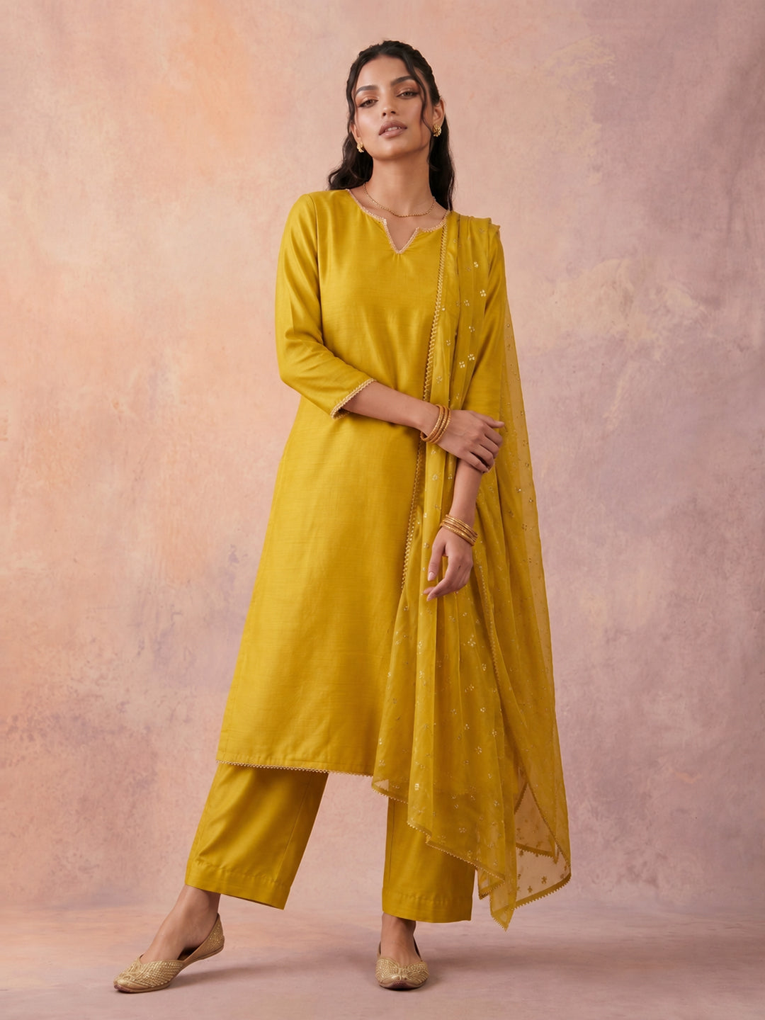 Janasya Lime Yellow Straight Silk Blend Kurta,Bottom & Dupatta | Grocsy