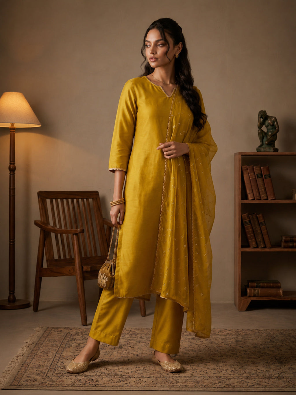 Janasya Lime Yellow Straight Silk Blend Kurta,Bottom & Dupatta | Grocsy