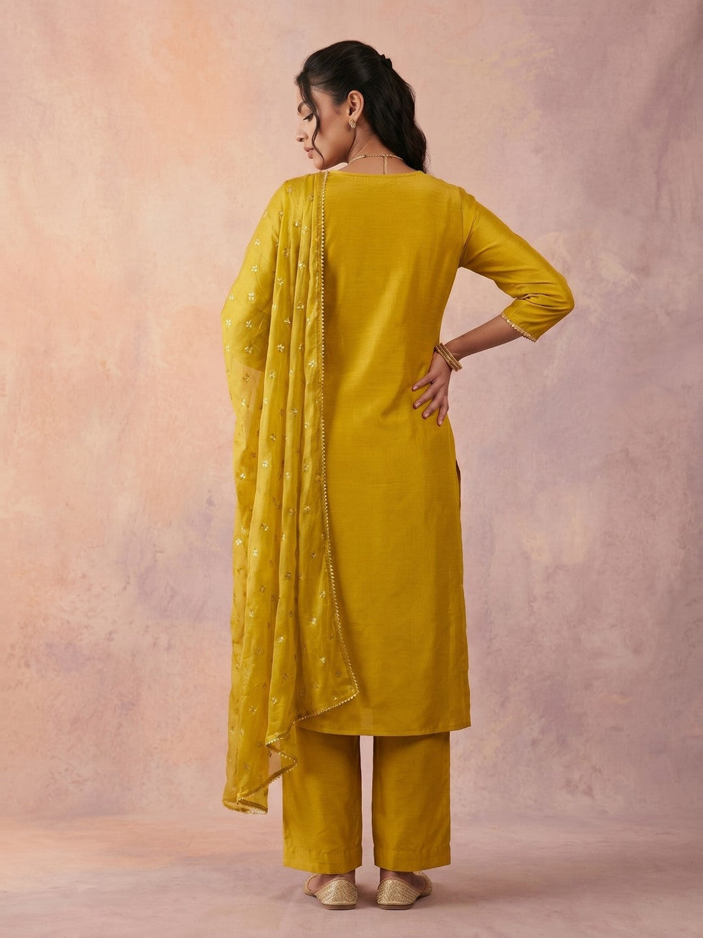 Janasya Lime Yellow Straight Silk Blend Kurta,Bottom & Dupatta | Grocsy