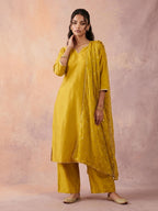 Janasya Lime Yellow Straight Silk Blend Kurta,Bottom & Dupatta | Grocsy