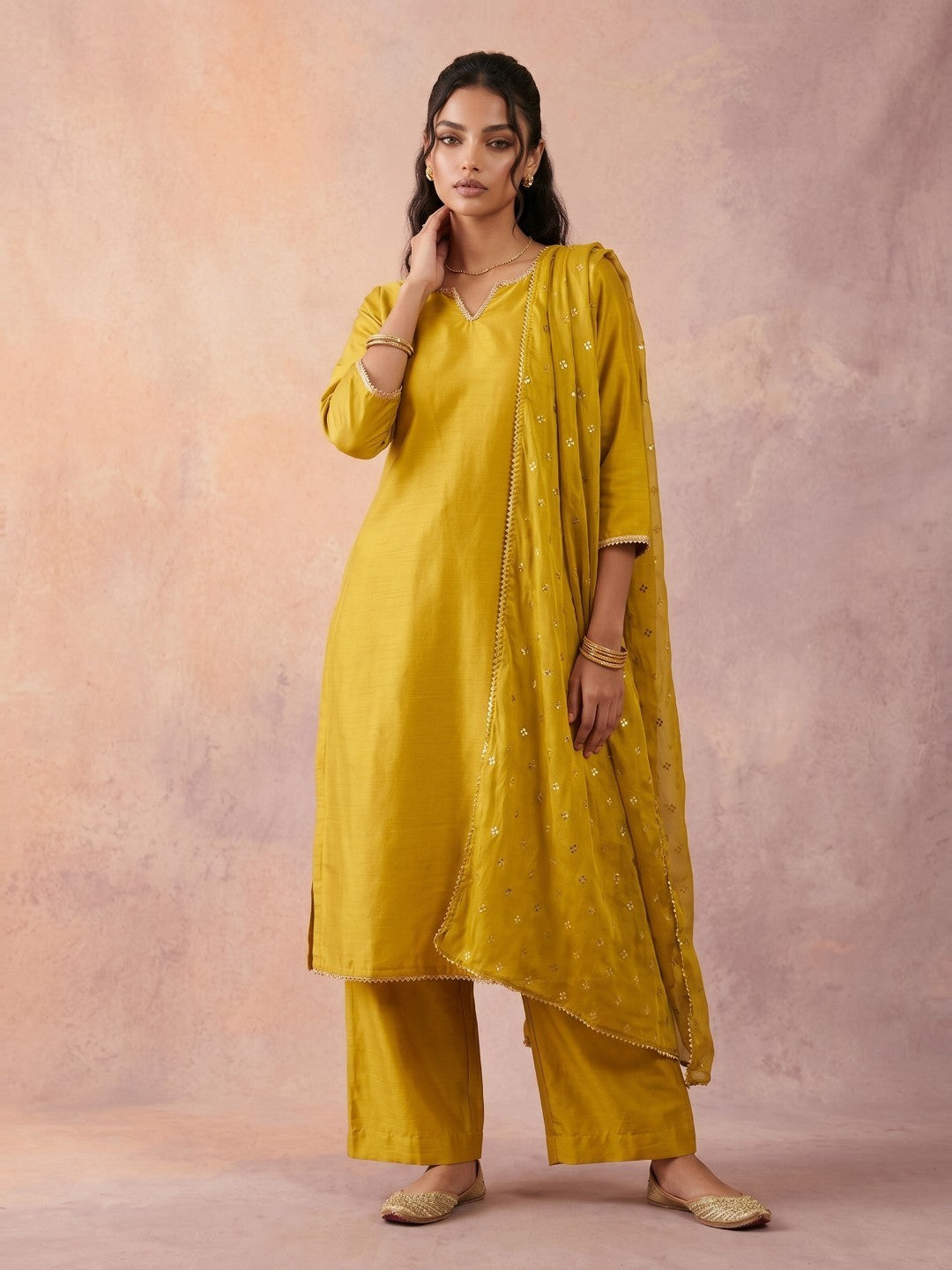 Janasya Lime Yellow Straight Silk Blend Kurta,Bottom & Dupatta | Grocsy