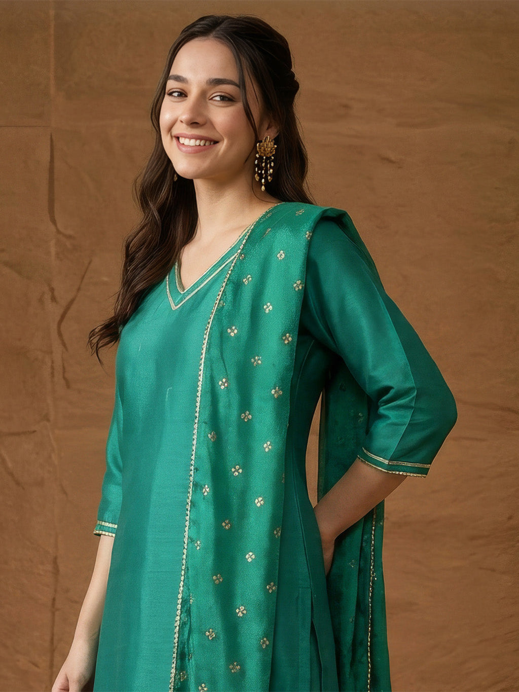 Janasya Teal Green Straight Silk Blend Kurta,Bottom & Dupatta | Grocsy