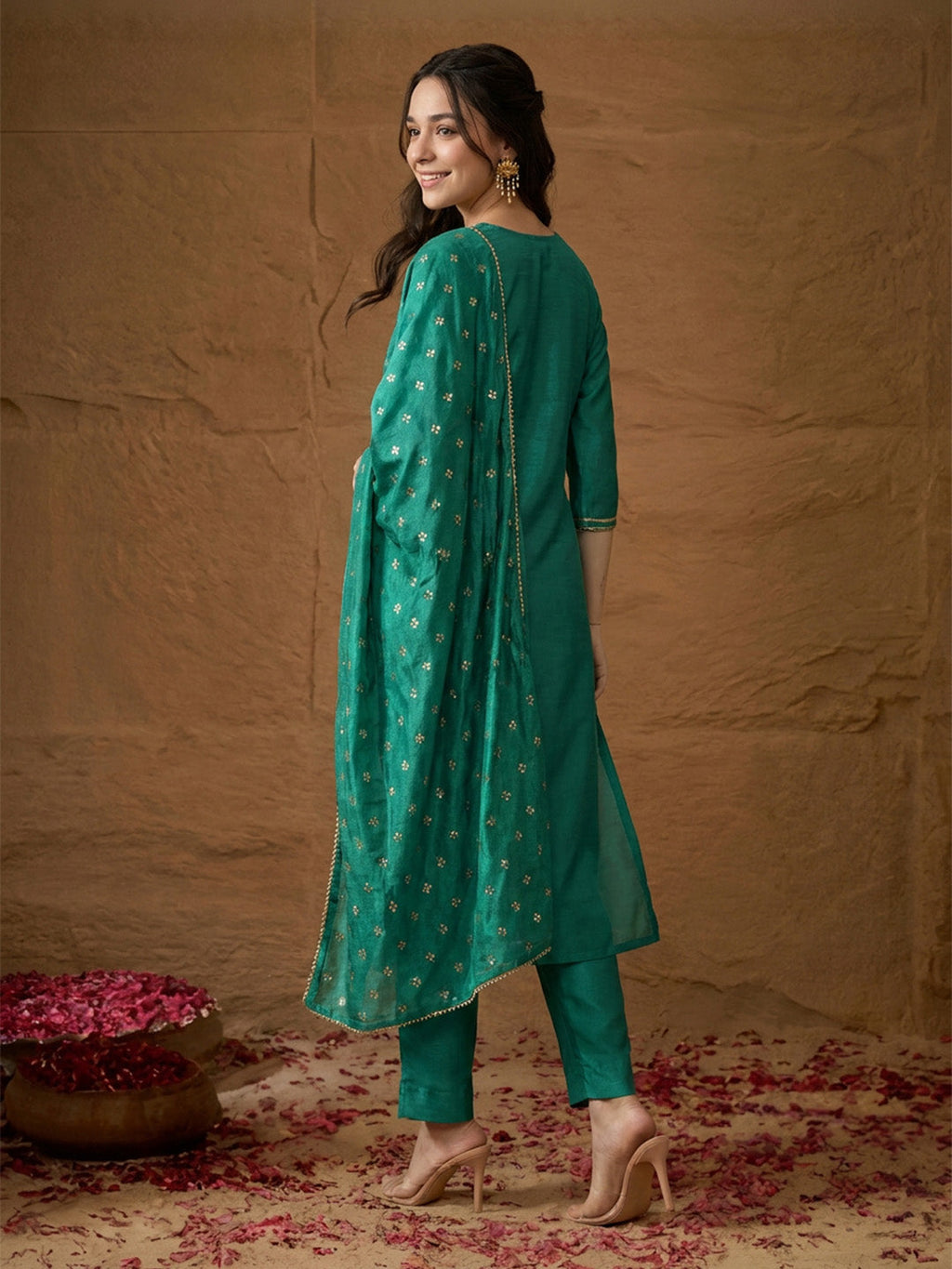 Janasya Teal Green Straight Silk Blend Kurta,Bottom & Dupatta | Grocsy