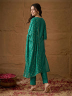 Janasya Teal Green Straight Silk Blend Kurta,Bottom & Dupatta | Grocsy