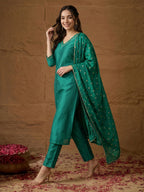 Janasya Teal Green Straight Silk Blend Kurta,Bottom & Dupatta | Grocsy