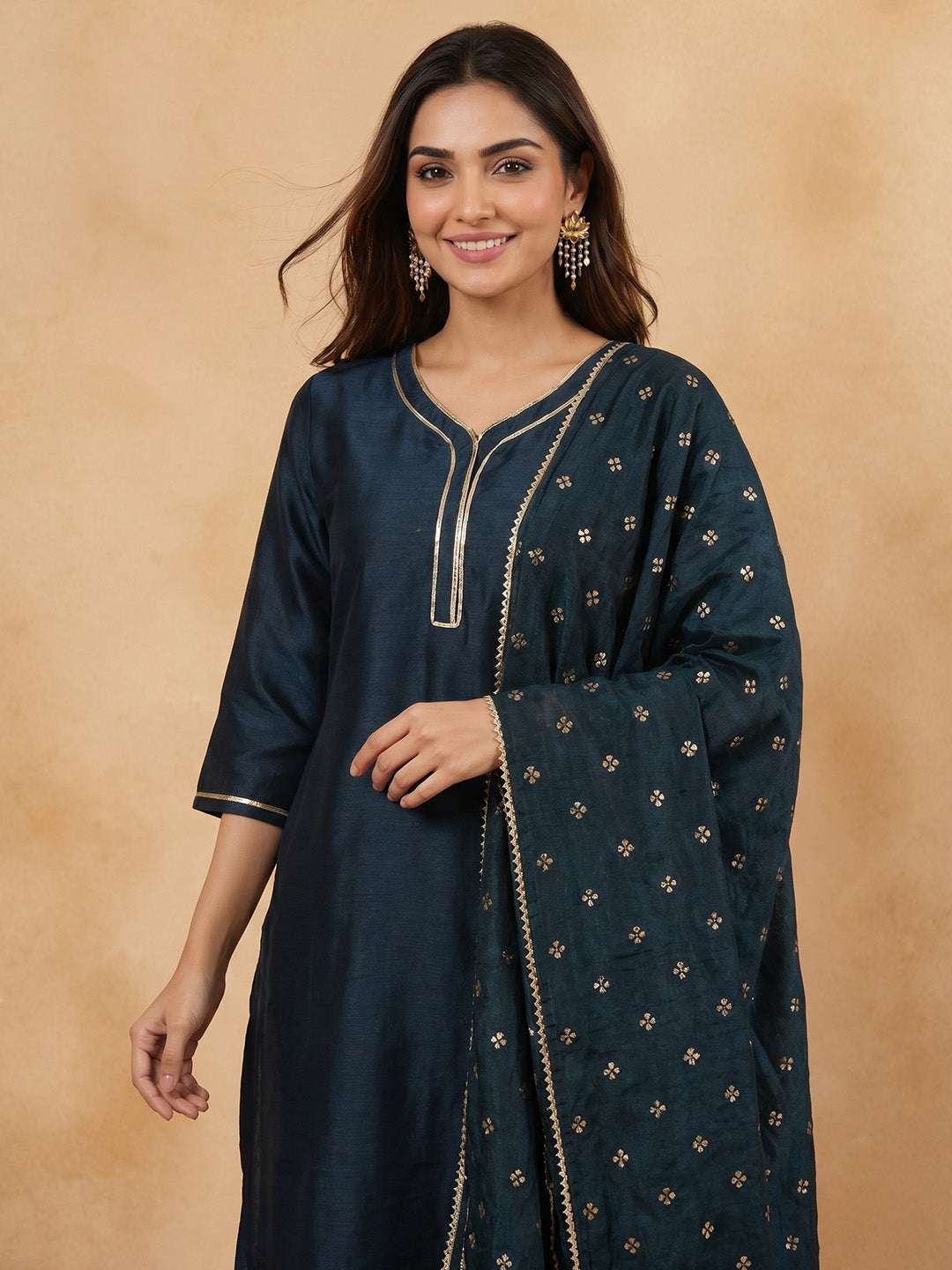 Janasya Teal Straight Silk Blend Kurta,Bottom & Dupatta | Grocsy