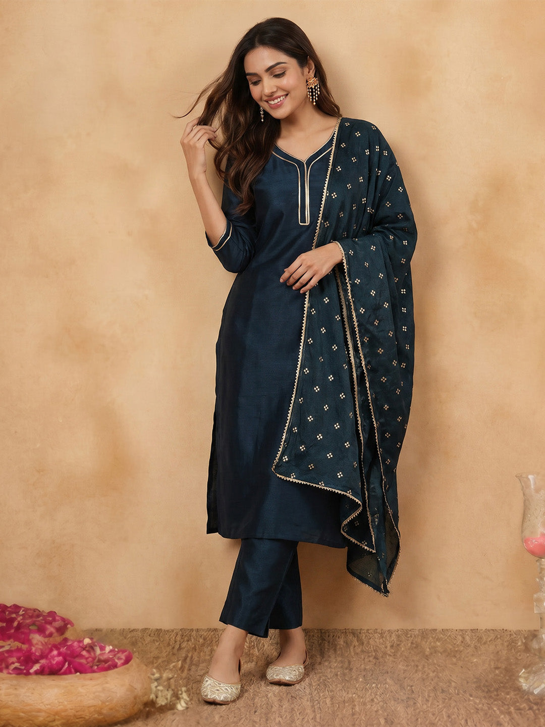 Janasya Teal Straight Silk Blend Kurta,Bottom & Dupatta | Grocsy
