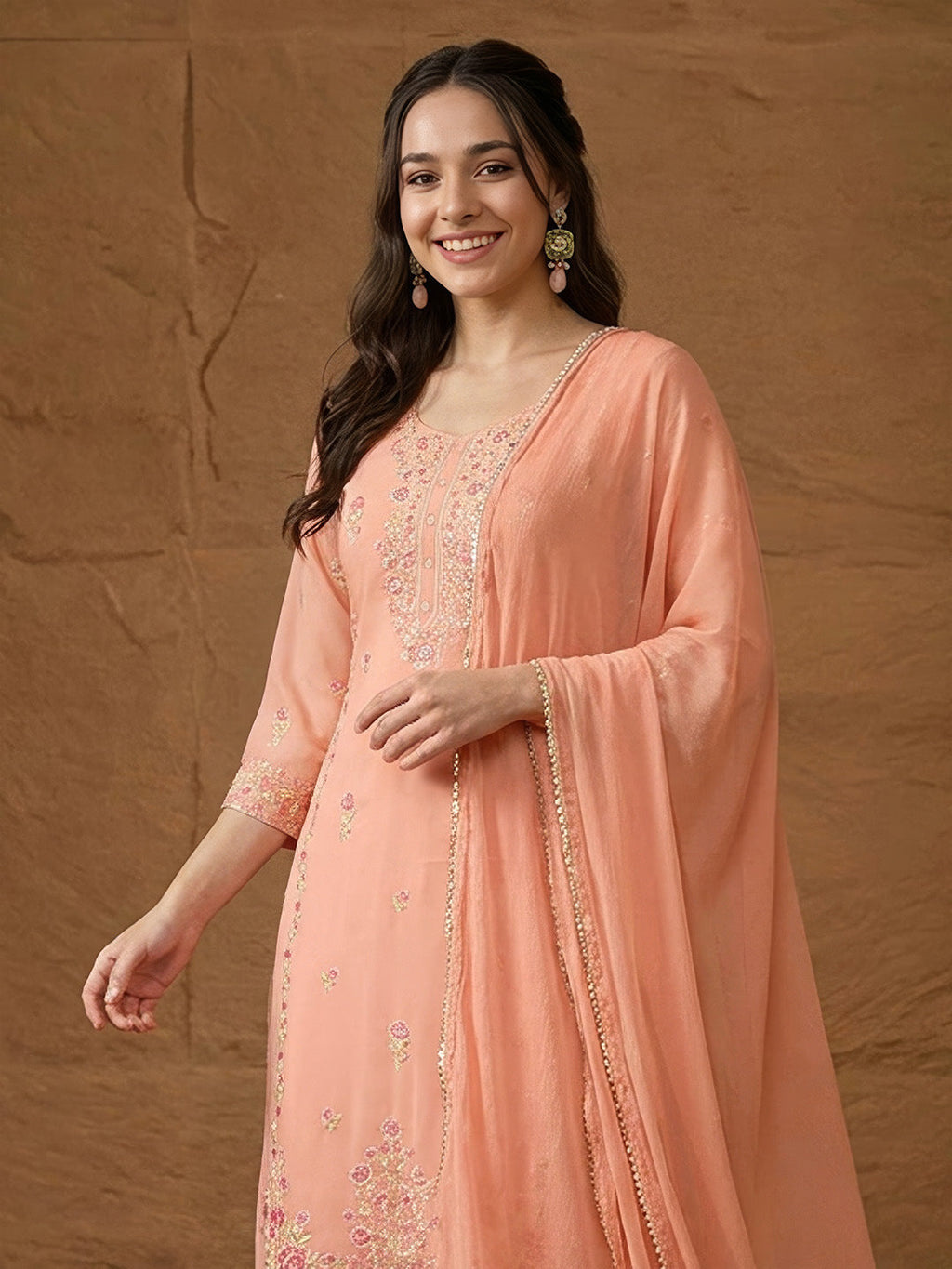 Janasya Peach Straight Georgette Kurta,Bottom & Dupatta | Grocsy