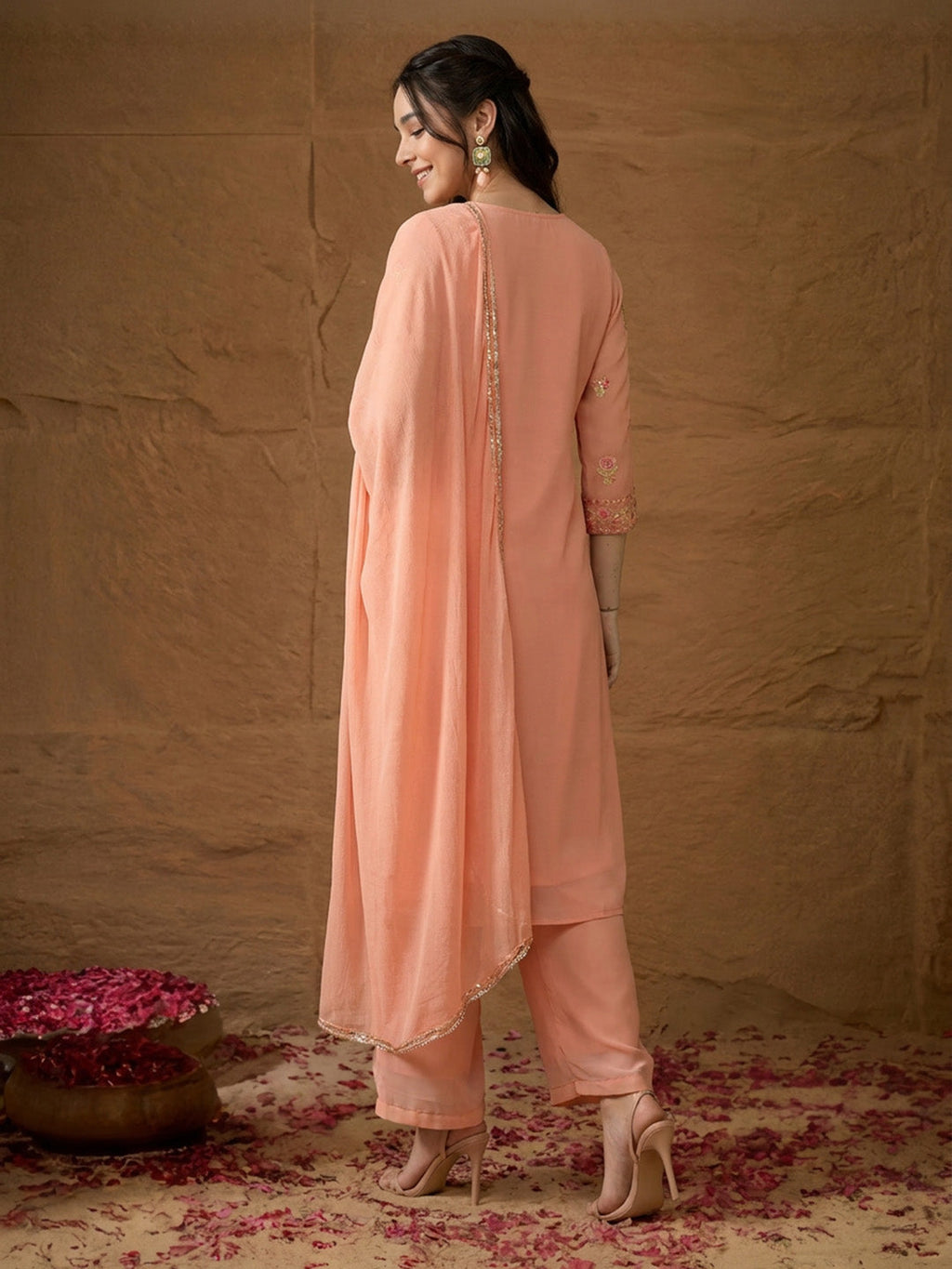 Janasya Peach Straight Georgette Kurta,Bottom & Dupatta | Grocsy