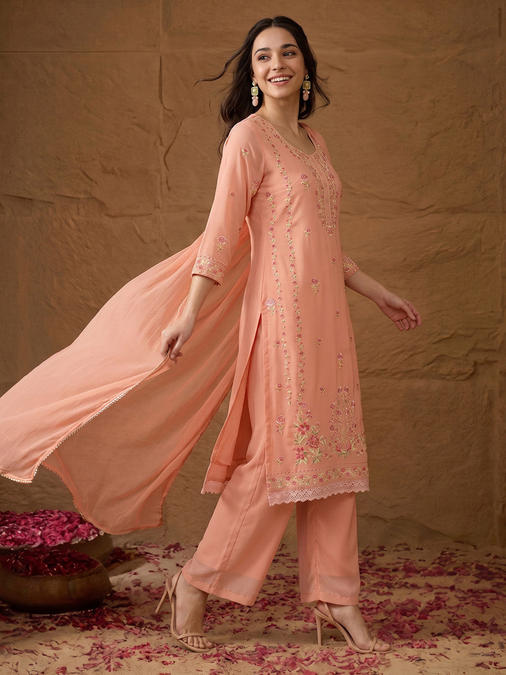 Janasya Peach Straight Georgette Kurta,Bottom & Dupatta | Grocsy