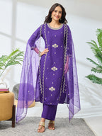 Janasya Purple Straight Silk Blend Top, Bottom & Dupatta | Grocsy