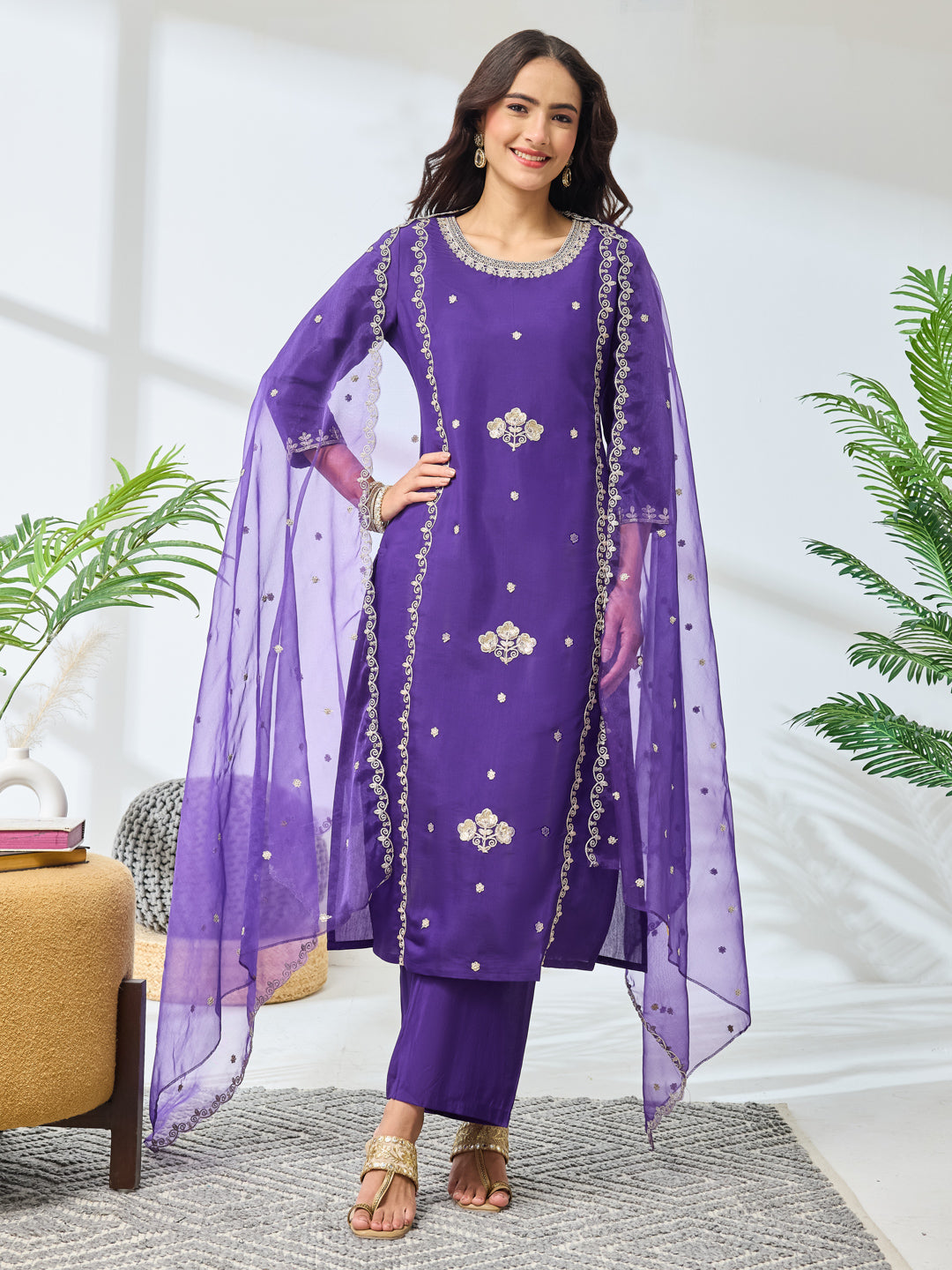 Janasya Purple Straight Silk Blend Top, Bottom & Dupatta | Grocsy