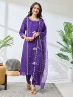 Janasya Purple Straight Silk Blend Top, Bottom & Dupatta | Grocsy