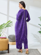 Janasya Purple Straight Silk Blend Top, Bottom & Dupatta | Grocsy