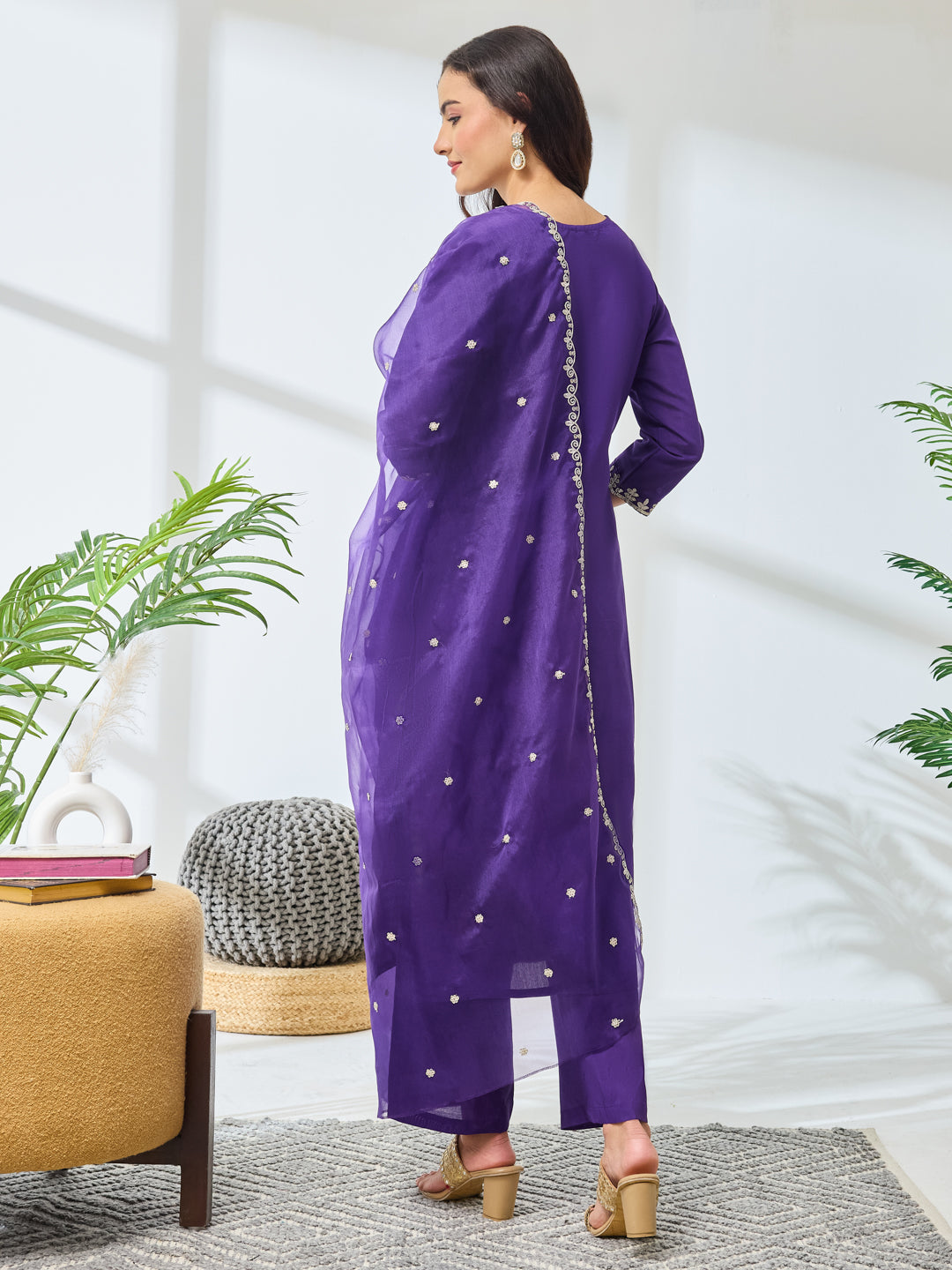 Janasya Purple Straight Silk Blend Top, Bottom & Dupatta | Grocsy