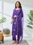 Janasya Purple Straight Silk Blend Top, Bottom & Dupatta | Grocsy