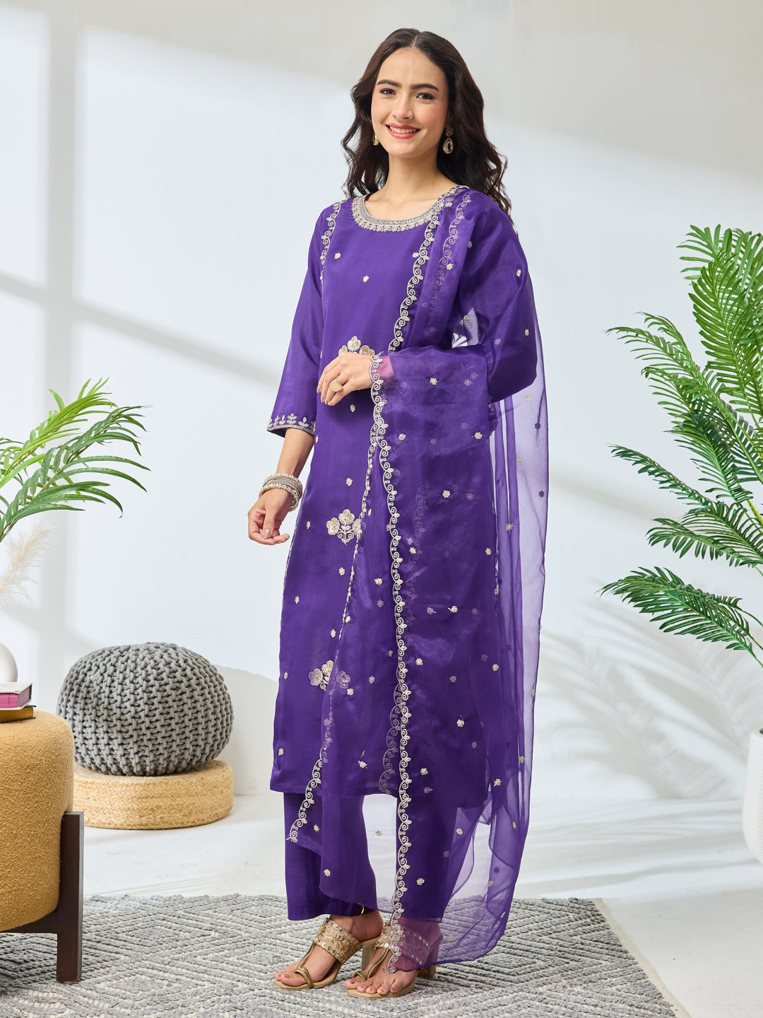 Janasya Purple Straight Silk Blend Top, Bottom & Dupatta | Grocsy