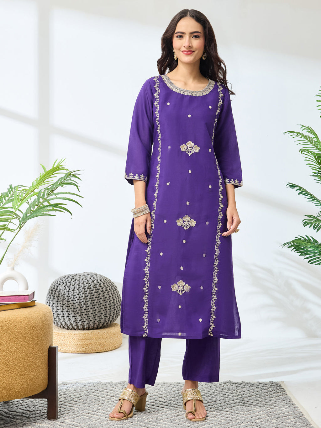 Janasya Purple Straight Silk Blend Top, Bottom & Dupatta | Grocsy