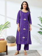 Janasya Purple Straight Silk Blend Top, Bottom & Dupatta | Grocsy
