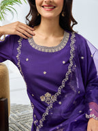 Janasya Purple Straight Silk Blend Top, Bottom & Dupatta | Grocsy