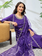 Janasya Purple Straight Silk Blend Top, Bottom & Dupatta | Grocsy