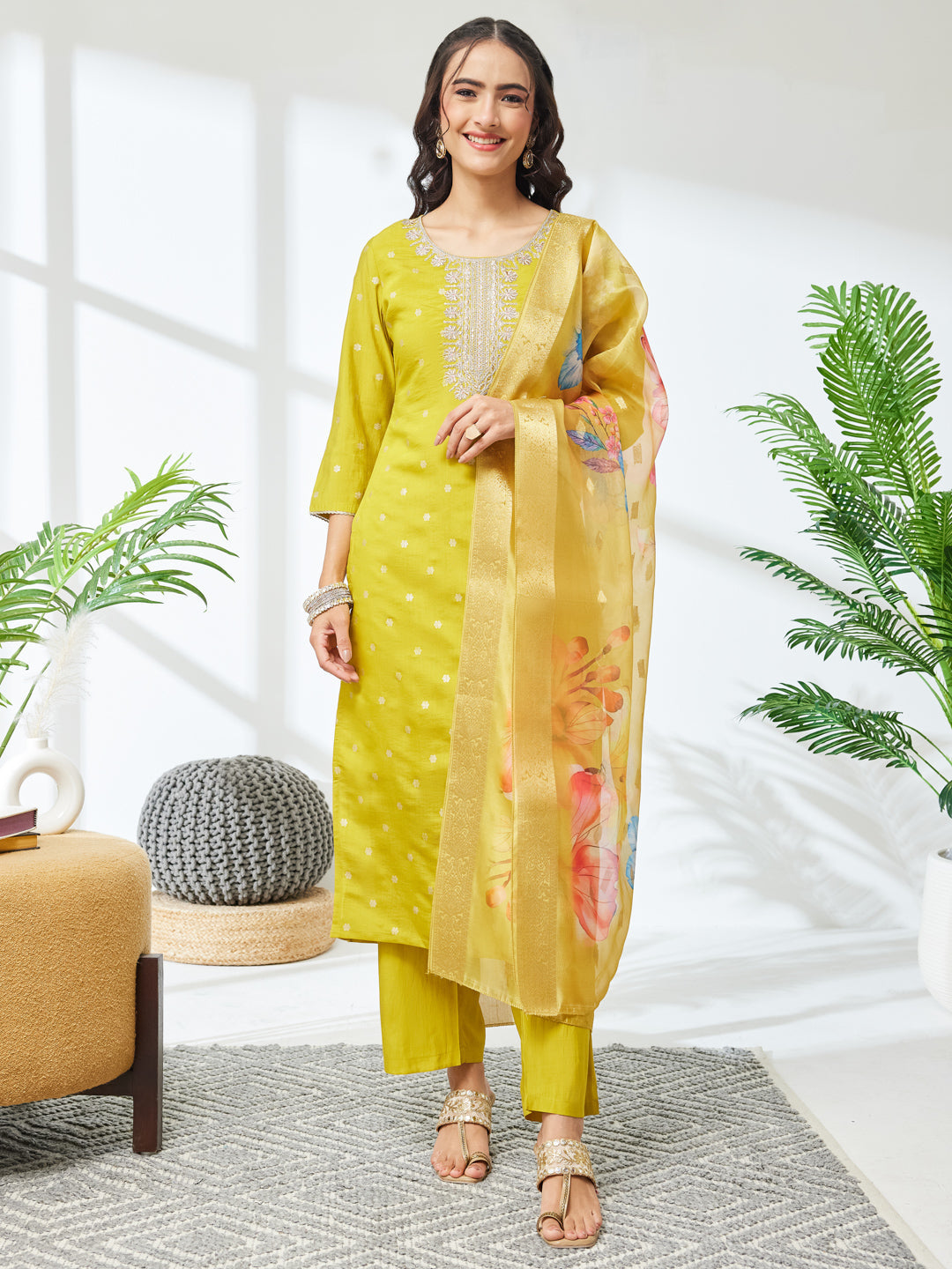 Janasya Lime Yellow Straight Silk Blend Kurta,Bottom & Dupatta | Grocsy