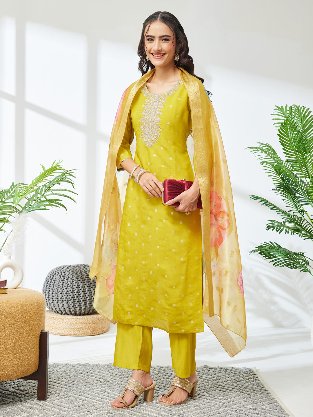 Janasya Lime Yellow Straight Silk Blend Kurta,Bottom & Dupatta | Grocsy