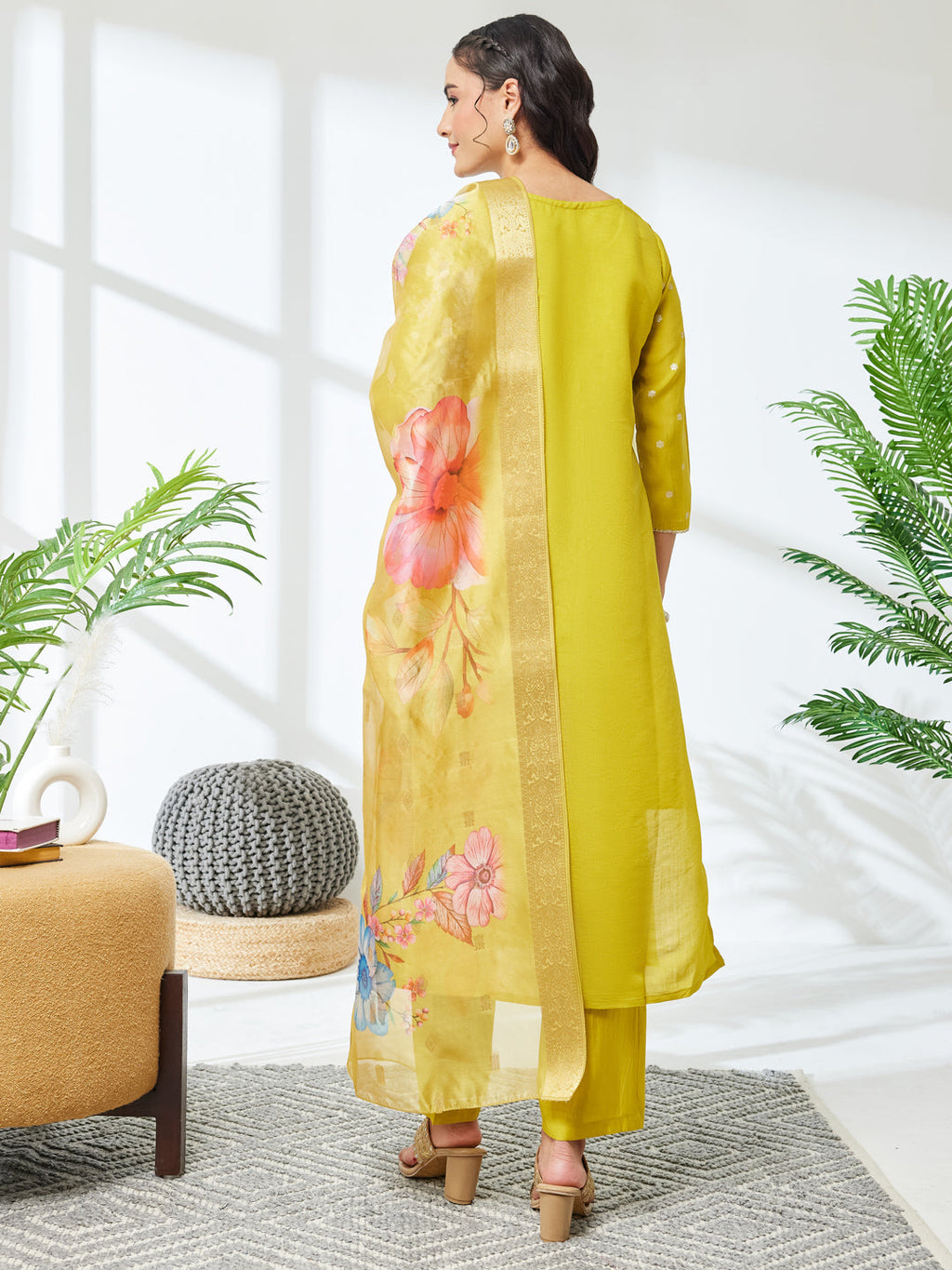 Janasya Lime Yellow Straight Silk Blend Kurta,Bottom & Dupatta | Grocsy