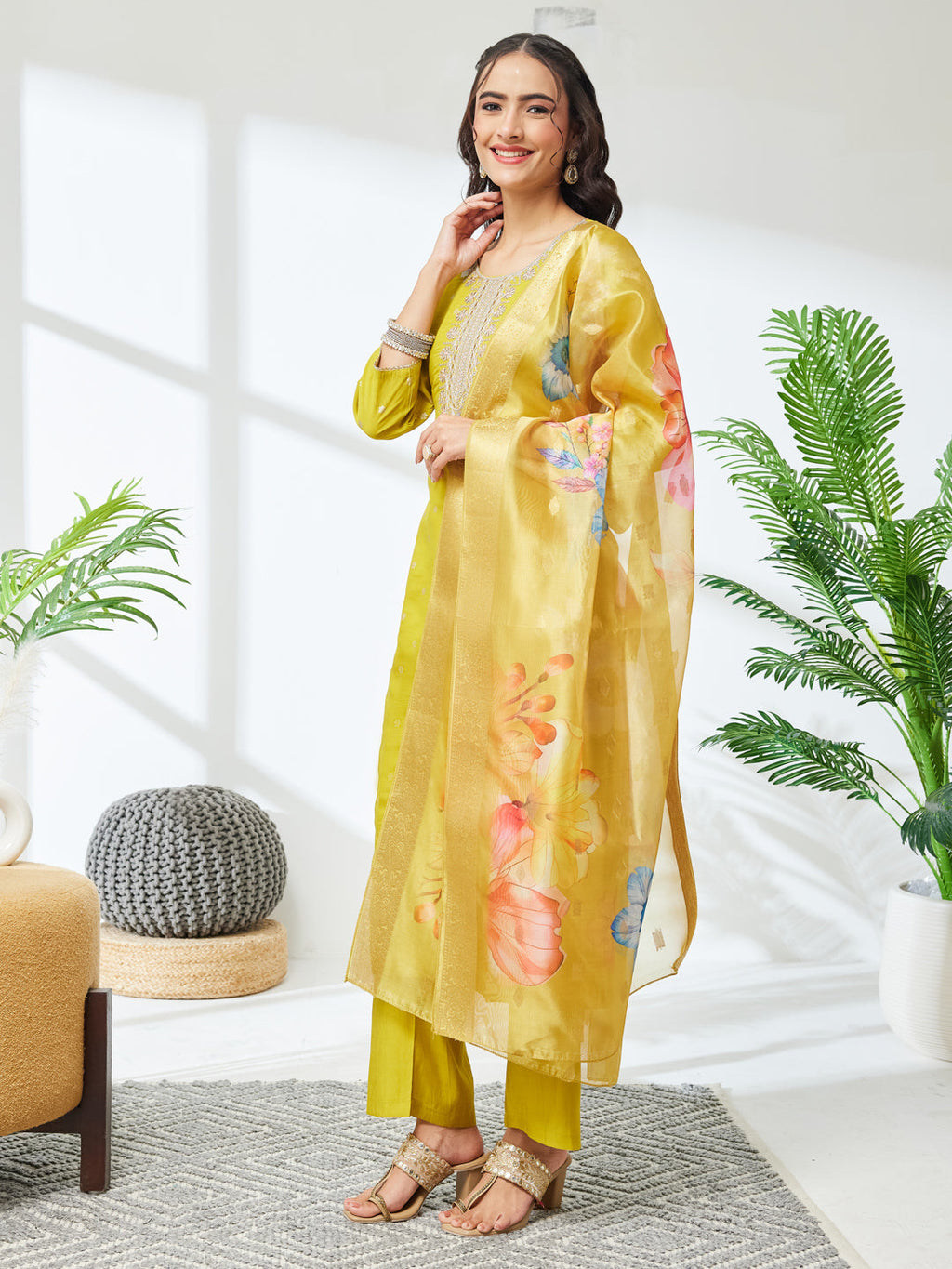 Janasya Lime Yellow Straight Silk Blend Kurta,Bottom & Dupatta | Grocsy