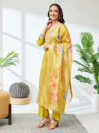 Janasya Lime Yellow Straight Silk Blend Kurta,Bottom & Dupatta | Grocsy