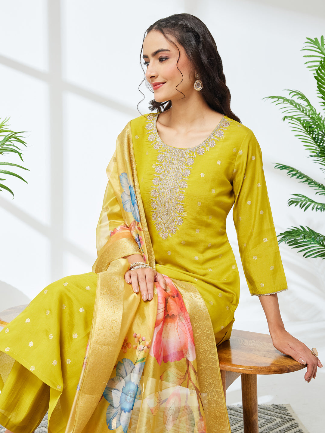 Janasya Lime Yellow Straight Silk Blend Kurta,Bottom & Dupatta | Grocsy