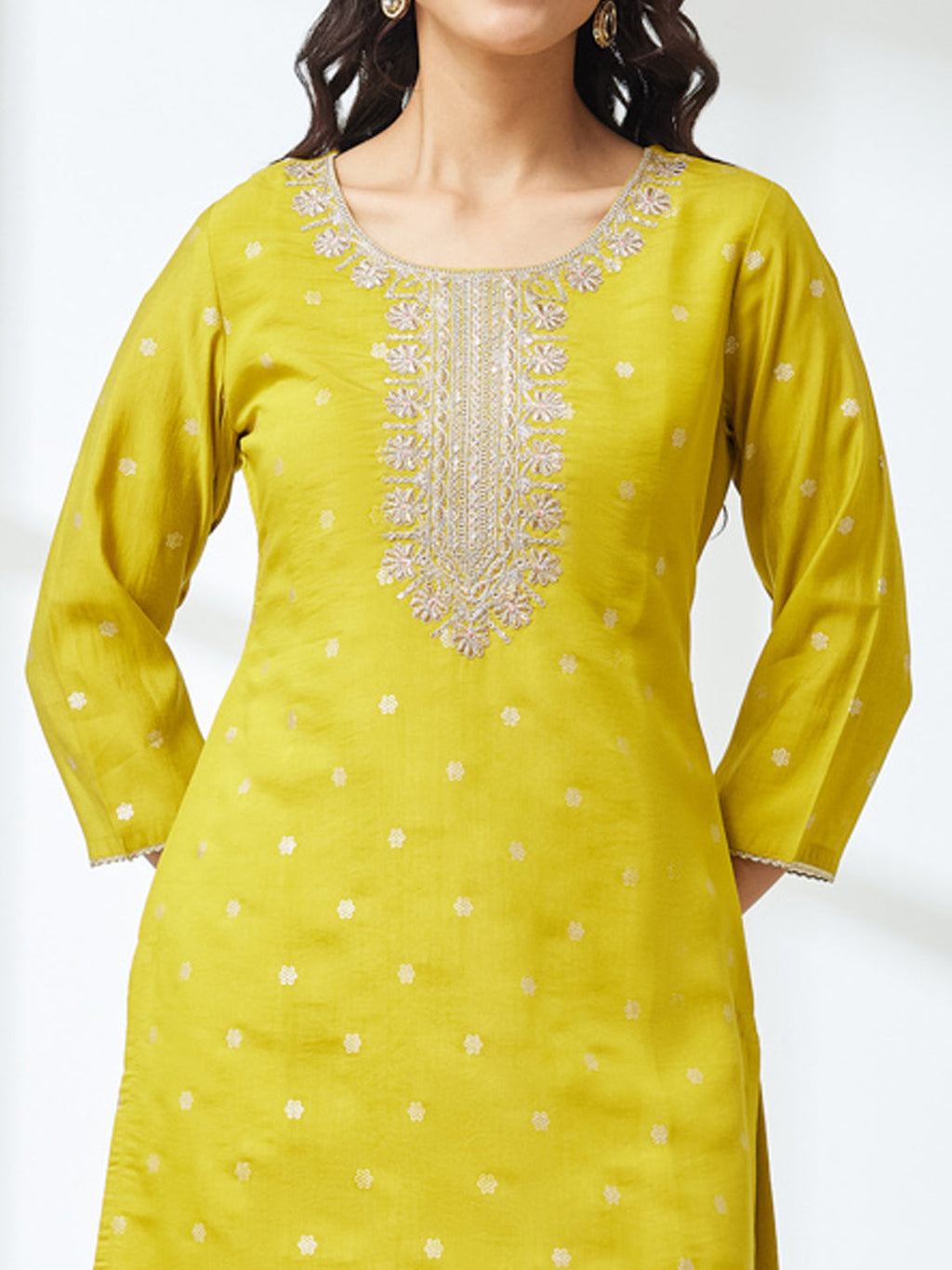Janasya Lime Yellow Straight Silk Blend Kurta,Bottom & Dupatta | Grocsy