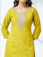 Janasya Lime Yellow Straight Silk Blend Kurta,Bottom & Dupatta | Grocsy
