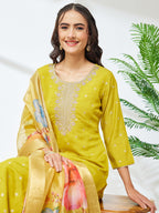 Janasya Lime Yellow Straight Silk Blend Kurta,Bottom & Dupatta | Grocsy