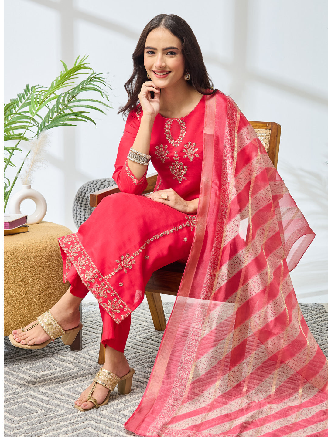 Janasya Pink Straight Silk Blend Kurta,Bottom & Dupatta | Grocsy