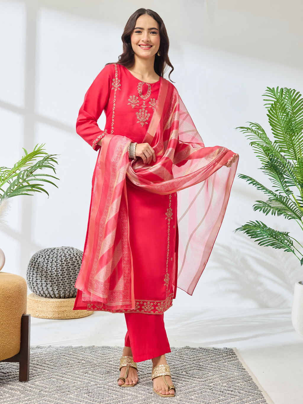 Janasya Pink Straight Silk Blend Kurta,Bottom & Dupatta | Grocsy