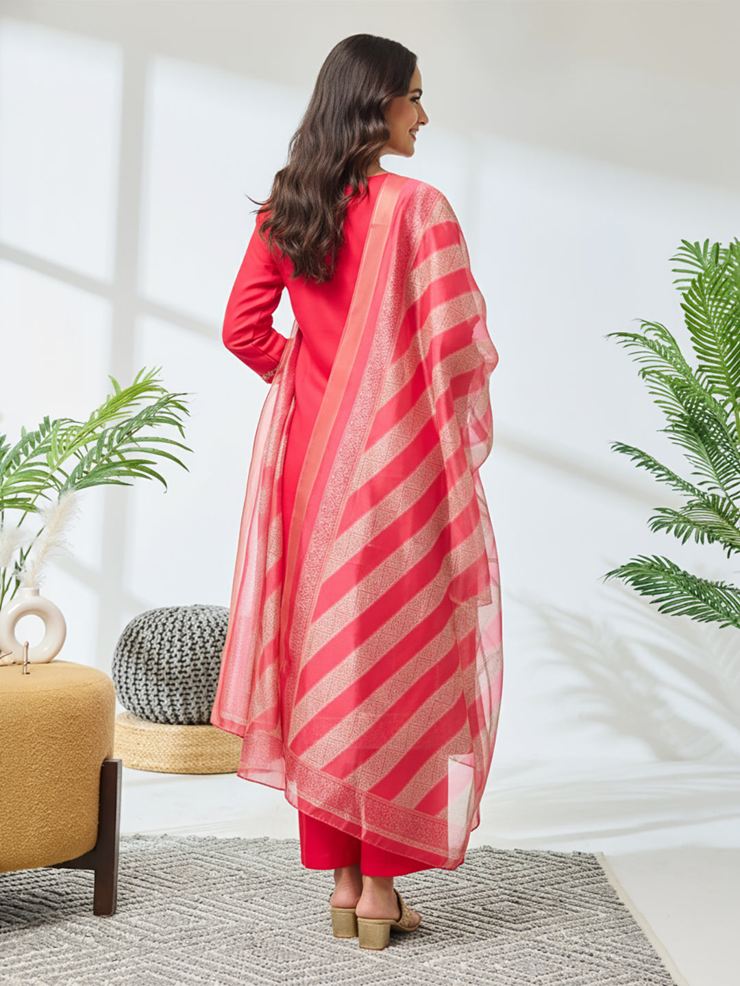 Janasya Pink Straight Silk Blend Kurta,Bottom & Dupatta | Grocsy