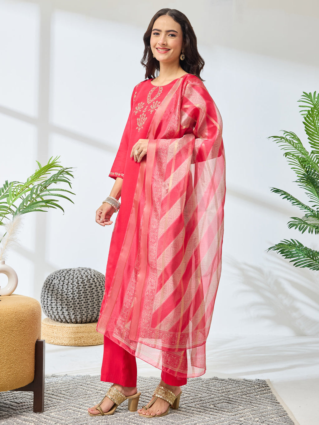 Janasya Pink Straight Silk Blend Kurta,Bottom & Dupatta | Grocsy