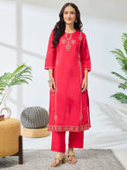 Janasya Pink Straight Silk Blend Kurta,Bottom & Dupatta | Grocsy