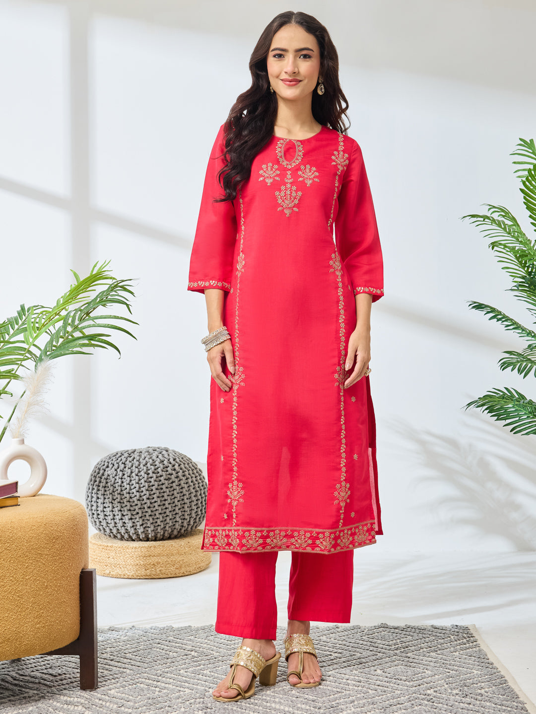 Janasya Pink Straight Silk Blend Kurta,Bottom & Dupatta | Grocsy